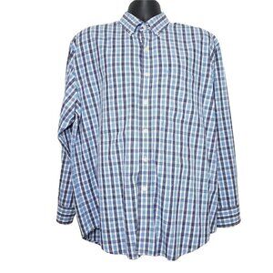 ☀ Izod Mens Blue Plaid 100% Cotton Button Down Long